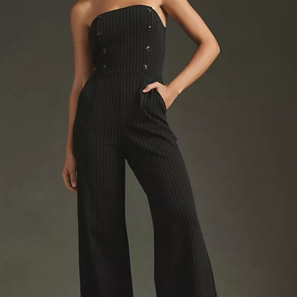 Anthropologie Maeve Dark Navy-Gray Pinstripe Jumpsuit - Picture 2 of 15